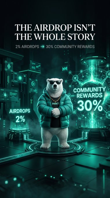 A promotional graphic featuring an anthropomorphic polar bear wearing sunglasses and a puffer jacket, with the text 'THE AIRDROP ISN'T THE WHOLE STORY', '2% AIRDROPS → 30% COMMUNITY REWARDS', and 'COMMUNITY REWARDS 30%'.