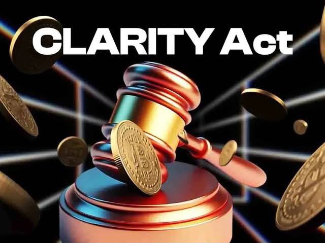 A judge's gavel surrounded by floating gold coins with the text "CLARITY Act" displayed at the top, symbolizing the pending crypto legislation that Coinbase's Vice Chair reports has bipartisan support in the Senate.