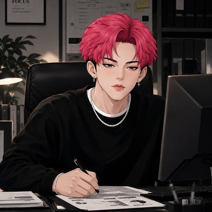 An anime-style illustration shows a pink-haired young man wearing a black sweater, pearl necklace, and cross earrings, sitting at a desk with a computer and writing on papers.