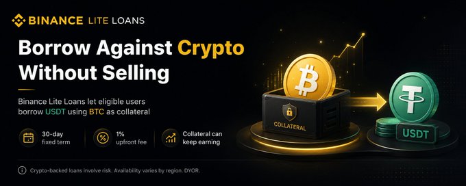 A Binance promotional banner for "Lite Loans" featuring the headline "Borrow Against Crypto Without Selling," showing BTC as collateral being exchanged for USDT, with highlights of a 30-day fixed term, 1% upfront fee, and the note that collateral can keep earning.