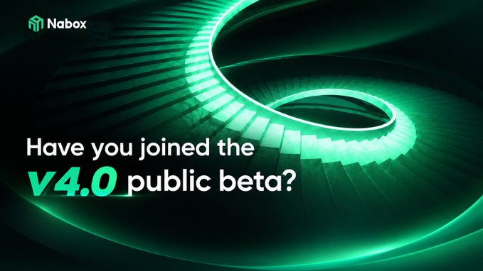 A promotional graphic for Nabox featuring a glowing green spiral design with the text 'Have you joined the V4.0 public beta?'