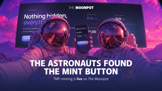 Two astronauts in space suits hold a smartphone displaying "Moonpot" with a "Mint TMP" button, set against a purple cosmic backdrop featuring a screen reading "THE MOONPOT" and "Nothing hidden, everything verifiable," with bold text declaring "THE ASTRONAUTS FOUND THE MINT BUTTON — TMP minting is live on The Moonpot." The image visually reinforces the post's narrative of users easily landing, connecting their wallets, and minting TMP tokens.