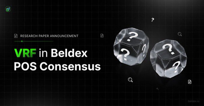 A research paper announcement banner for "VRF in Beldex POS Consensus" by Beldex, featuring two 3D dice with question marks on a dark grid background.