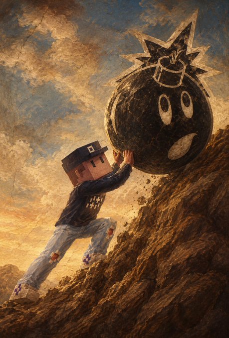A digital painting in a classical style depicts a Minecraft-style character with a square head pushing a round Bob-omb enemy up a steep, dirt hill. The sky features dramatic, painterly clouds.