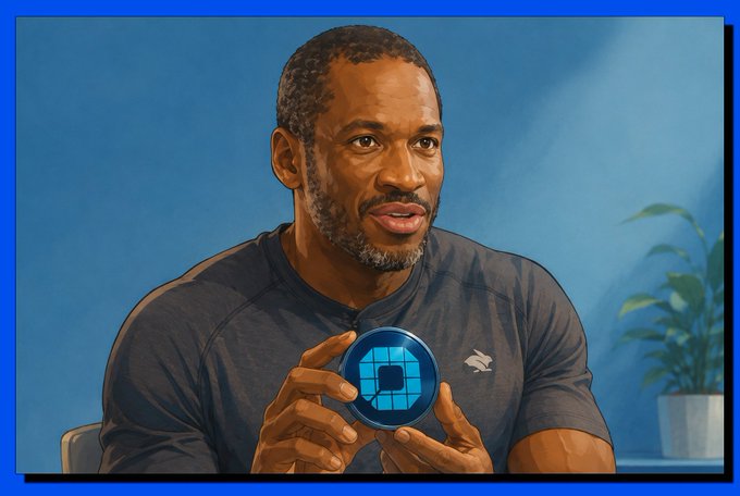 A painted illustration shows a man in a dark gray shirt holding a blue coin with a square logo, set against a blue background.