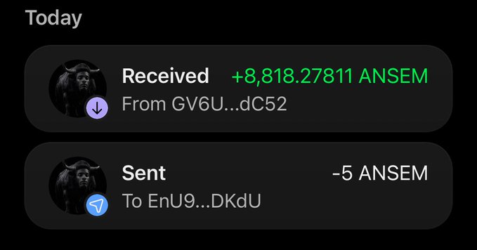 The image shows a transaction history displaying "Today" activity: a received payment of **+8,818.27811 ANSEM** from GV6U...dC52, and a sent payment of **-5 ANSEM** to EnU9...DKdU. The post's message about "YOU REAP WHAT YOU SOW - $ANSEM" aligns with the image by showcasing significant gains in ANSEM, suggesting a profitable return on investment.