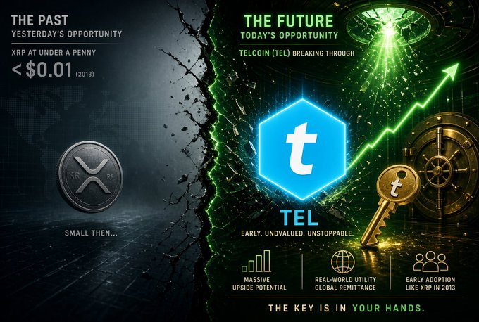 The graphic contrasts XRP's past opportunity at under $0.01 in 2013 with Telcoin's (TEL) current under-a-penny position (~0.0019¢), framing it as an "early, unvalued, unstoppable" chance with "massive upside potential," "real-world utility," and "global remittance"—positioning TEL as today's equivalent of early XRP.