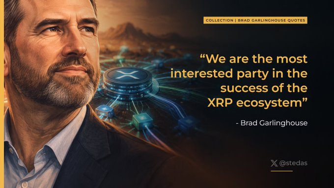 A promotional graphic featuring Brad Garlinghouse with a quote: 'We are the most interested party in the success of the XRP ecosystem,' set against a backdrop of XRP/XLM cryptocurrency logos with 'COLLECTION | BRAD GARLINGHOUSE QUOTES' at the top and @stedas attribution.