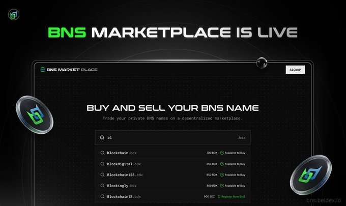 A dark promotional screen for the 'BNS MARKET PLACE' displays 'BUY AND SELL YOUR BNS NAME' along with a list of available .bdx domain names and prices in BDC.