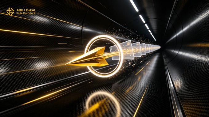 A futuristic metallic tunnel scene featuring a glowing golden ring and arrow logo, with 'ARK | DeFAI - Code the Future' branding in the top left corner.