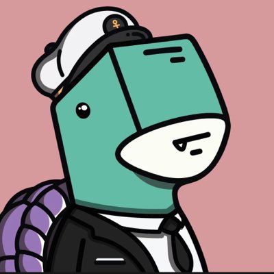 A cartoon illustration of a teal-colored character wearing a sailor hat and purple shell backpack, with a simple line-drawn face.
