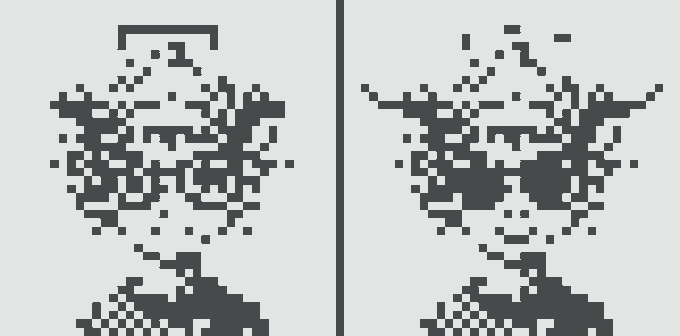 A black and white pixel art image showing two similar faces side by side, possibly representing a transformation or before-and-after.