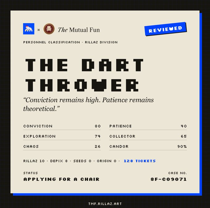 A stylized "Personnel Classification" document for "The Dart Thrower" from The Mutual Fun x NFT project, marked as "REVIEWED," with stats for Conviction (80), Patience (40), Exploration (74), Collector (65), Chaos (26), and Candor (90%), applying for a chair with 128 tickets.