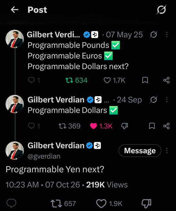 A thread of social media posts by 'Gilbert Verdian' showing a chronological list of currencies: 'Programmable Pounds ✓', 'Programmable Euros ✓', 'Programmable Dollars ✓', and asking 'Programmable Yen next?'.