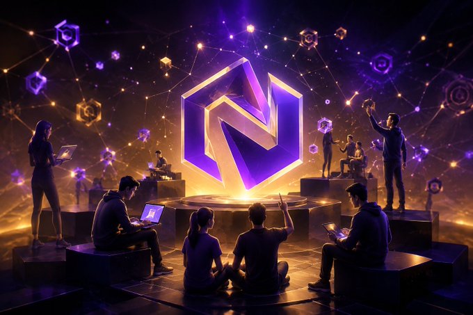 A digital artwork depicting a glowing purple hexagonal logo surrounded by people using laptops and devices in a futuristic, cosmic setting.