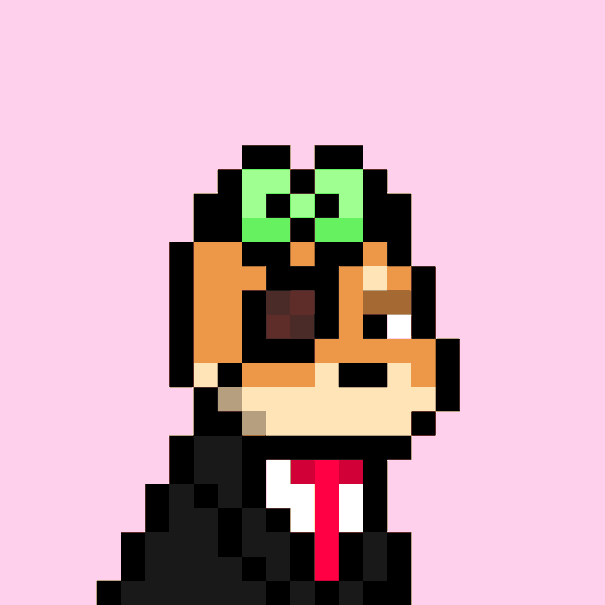 A pixel art portrait on a pink background depicting a person with dark skin, a green mohawk-like hairstyle, wearing a black suit with a red tie, shown in profile.
