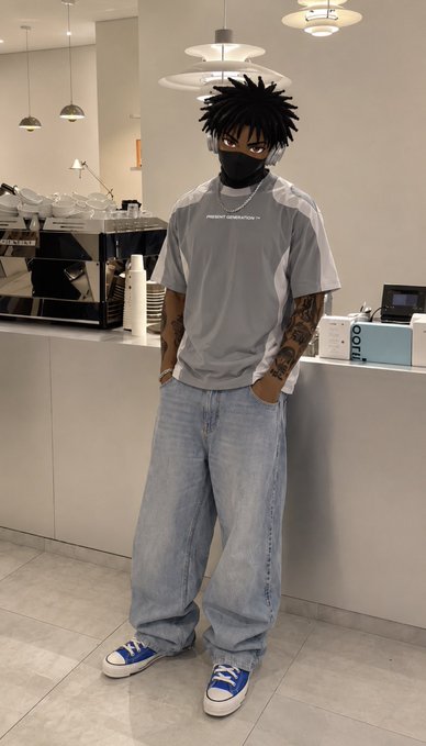 A stylish young man with dreadlocks, wearing a gray "PRODUCT GENERATION" t-shirt, oversized light blue jeans, and a black face covering, poses confidently at a modern café counter next to a "DOOH" espresso machine, fitting the casual, optimistic crypto-community greeting.