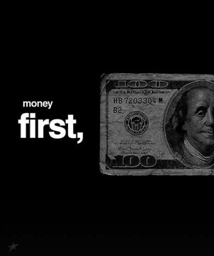 A black background features a $100 bill alongside the white text "money first," with a serial number reading "HB7203304M" visible on the currency.
