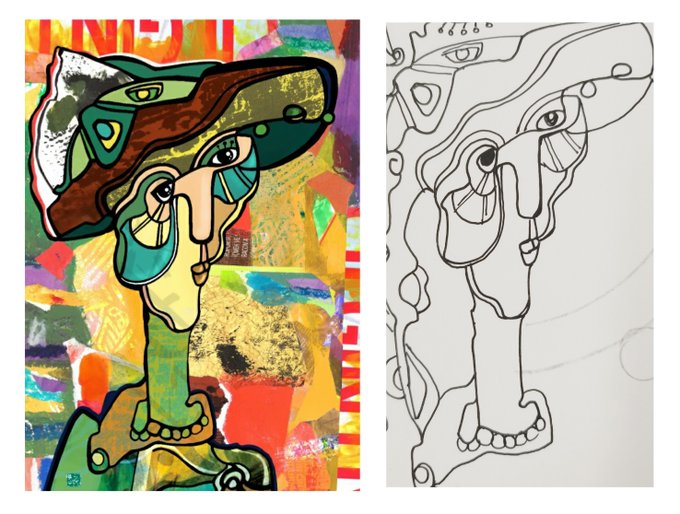 A side-by-side comparison shows a vibrant, colorful Picasso-style cubist portrait on the left and its corresponding black-and-white line drawing on the right.