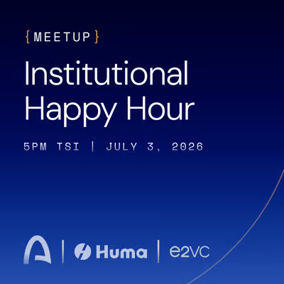 This is an event poster promoting an "Institutional Happy Hour" meetup scheduled for 5PM TSI on July 3, 2026, co-hosted by Arc, Huma, and e2VC, which corresponds to the post about the gathering in Ortaköy focused on discussing RWA, PayFi, Arc, and Huma.