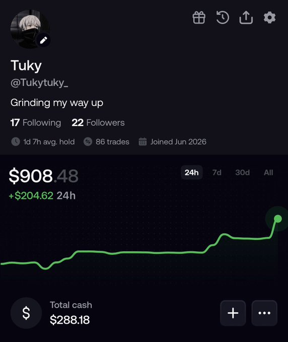 A screenshot of a Robinhood profile for user 'Tuky' (@Tukytuky_) with the bio 'Grinding my way up', showing a 24h portfolio gain of $204.62, bringing the total to $908.48, alongside an upward-trending green line graph.