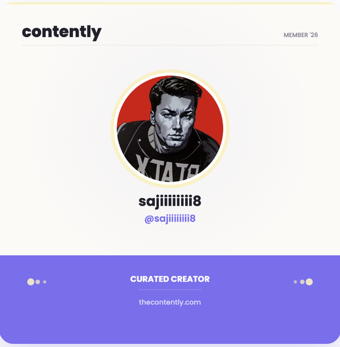 A Contently profile card for user 'sajiiiiii8' (@sajiiiiii8), labeled as a 'CURATED CREATOR' with a member since 2026 badge and a stylized illustrated avatar.