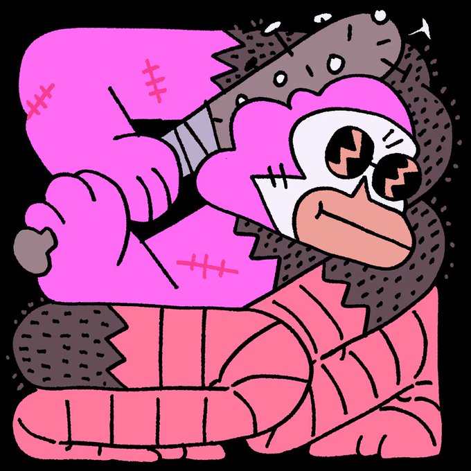 A cartoon-style illustration of a pink stitched-up creature, possibly a bear, wearing black sunglasses with 'ZZZ' symbols on the lenses and hugging a large pink coiled object.