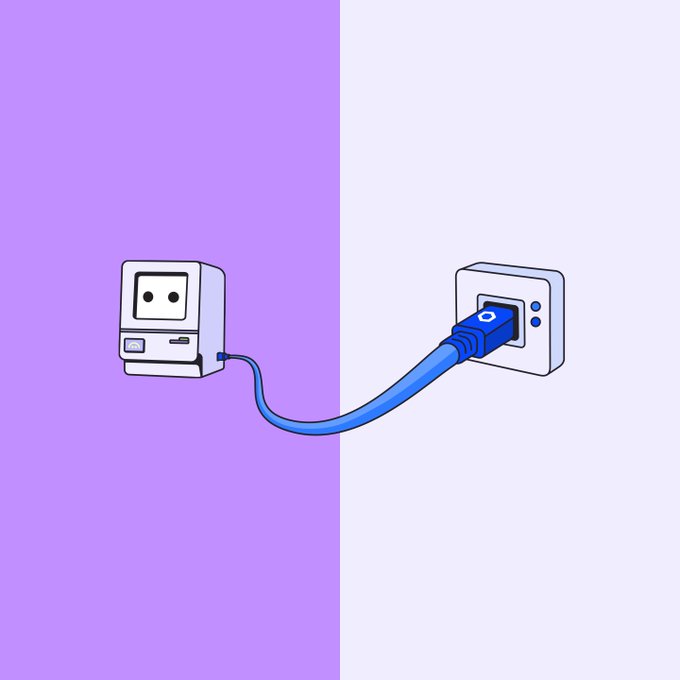 A stylized illustration of a retro computer being connected by a blue cable to a power outlet, split between purple and gray backgrounds.