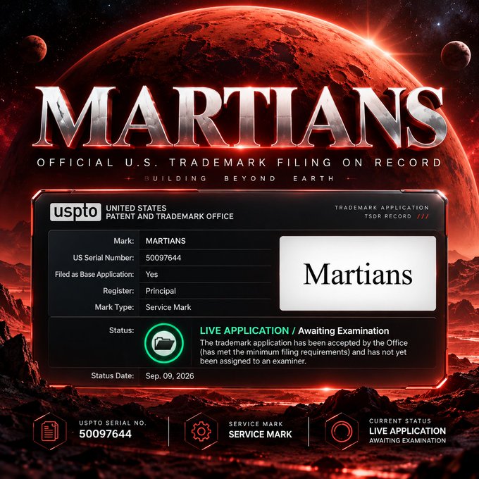 The image showcases a USPTO trademark filing graphic for the brand "MARTIANS" (Serial Number 50097644), displayed as a live application awaiting examination as of September 9, 2026, against a dramatic red Mars backdrop. It reinforces the post's claim by visually establishing "Martians" as an officially registered U.S. trademark, lending legitimacy and exclusivity to the statement that these are the only authentic "$Martians" on Solana.