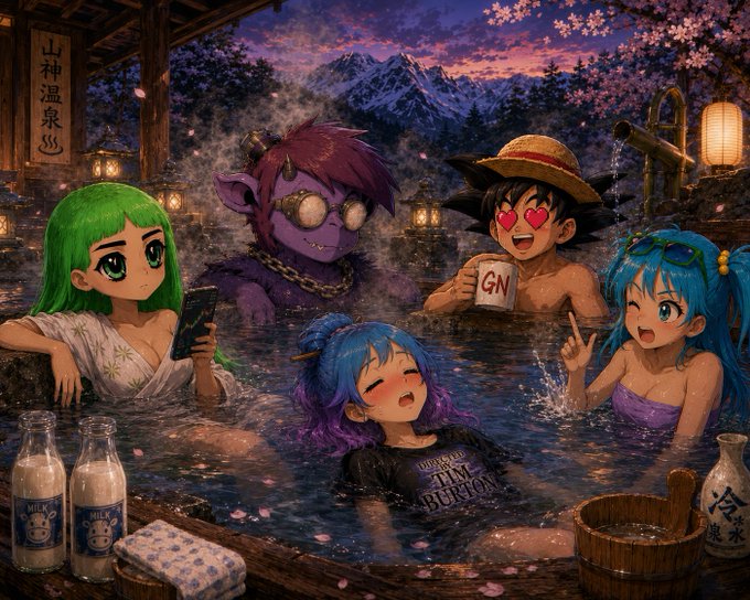 An anime-style illustration of various characters, including one resembling Luffy with heart eyes, relaxing together in a steaming outdoor hot spring surrounded by cherry blossoms and mountains.