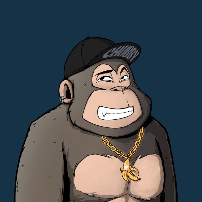 Illustration of the 'CHUBBY' ape NFT character, a gorilla wearing a black 'CHUBBY' cap, a gold banana pendant necklace, and a confident smile against a dark blue background.