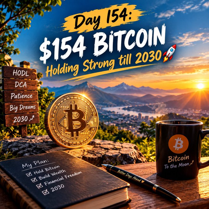 A motivational graphic titled 'Day 154: $154 Bitcoin Holding Strong till 2030' shows a Bitcoin coin, a 'Bitcoin To the Moon' mug, and a notebook with a plan including 'Hold Bitcoin, Build Wealth, Financial Freedom, 2030' against a mountain sunset.