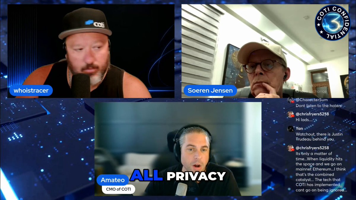 The image shows three men sitting behind a computer screen, with each man wearing headphones. The first man has his mouth open wide, while the other two are looking at him. They appear to be engaged in an online conversation or discussion on a topic related to privacy and security.