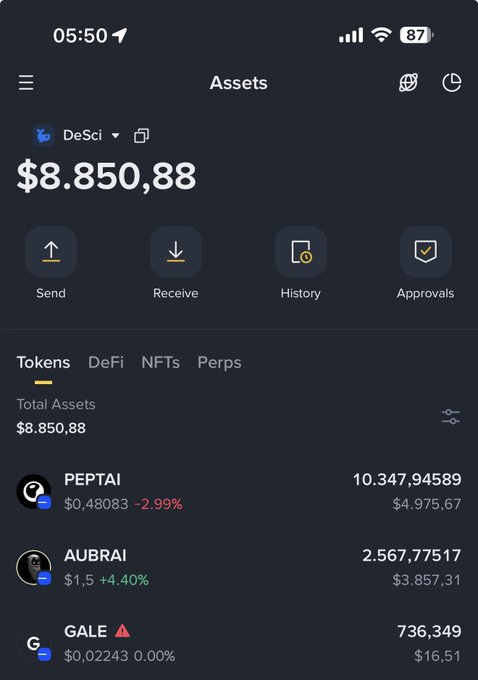 The image shows a phone screen displaying a list of cryptocurrency transactions for DeSci conference attendees. The transactions include tokens DeFi NFTs, Perfs, and other projects like GALE and solana:bioJ9JTqW62MLz7UKHU69gtKhPpGi1BQhccj2kmSvUJ and all the other projects that will be there. The transactions are listed in descending order of value, with the highest values being at the top and the lowest values at the bottom. This information is relevant to the post about DeSci conference attendees because it shows how people are investing their time and resources into various projects related to cryptocurrency.
