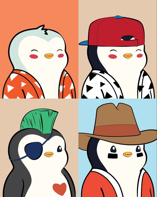 A 2x2 grid of cute cartoon penguin characters in different outfits and styles, including one in a straw hat, one with a green mohawk and eyepatch, one in a red cap, and one in a red Hawaiian shirt.