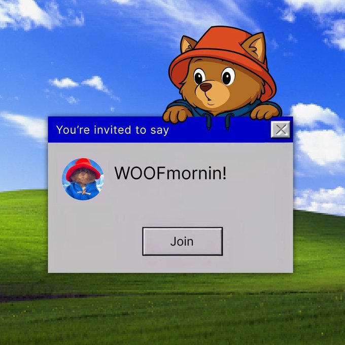 A nostalgic Windows XP 'Pawpark' dialog box with the message 'WOOFmornin!' and a Join button, featuring the cartoon dog mascot in a red hat against the classic Bliss wallpaper.