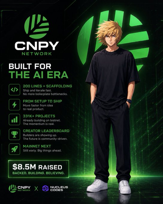 A promotional graphic for CNPY Network highlighting their $8.5M raise and features for AI-era development (including 200+ lines + scaffolding, 33K+ projects, and a creator leaderboard), featuring an anime-style character in black attire standing against a green CNPY Network logo backdrop, which visually reinforces the post's message about CNPY's modern, AI-native approach to app development.