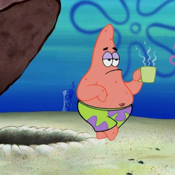 Patrick Star from SpongeBob SquarePants stands in his underwear holding a steaming cup of coffee, looking grumpy. The image humorously relates to the "good morning actives" post by depicting a tired, irritable start to the day with what appears to be an overpriced breakfast coffee.