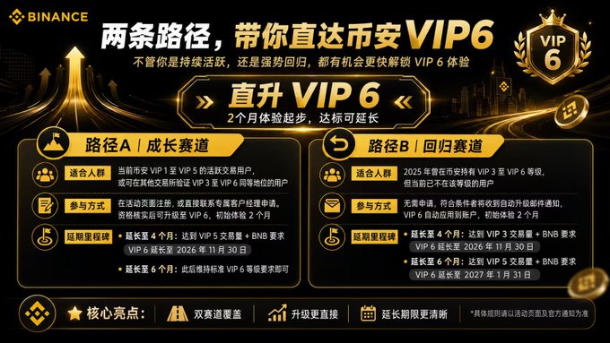 A Binance promotional graphic in Chinese titled '两条路径，带你直达币安VIP6' detailing two paths (Path A: Growth Track and Path B: Return Track) to achieve VIP 6 status, with various eligibility criteria and deadlines listed.
