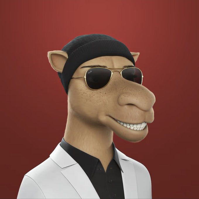 A dapper 3D-rendered camel wearing a black beanie, gold-framed Ray-Ban aviator sunglasses, and a white blazer over a black shirt grins confidently against a red backdrop, matching the post's "Thirsty Thursday VIP" theme of a suave, suited-up camel ready to mint at camelsnft.io with $wTURTLE.