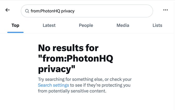 A Twitter/X search results page showing 'No results for "from:PhotonHQ privacy"' with a message suggesting to try searching for something else or check Search settings for potentially sensitive content protection.