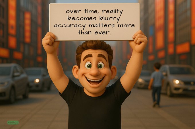 3D-rendered cartoon character with brown hair and a black shirt happily holding up a sign that reads 'over time, reality becomes blurry. accuracy matters more than ever.' on a city street background.