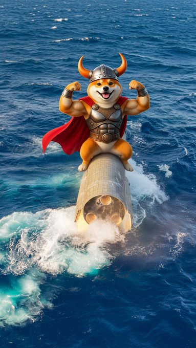 A muscular Shiba Inu dog wearing a horned helmet and red cape flexes its arms while standing atop a rocket emerging from the ocean.