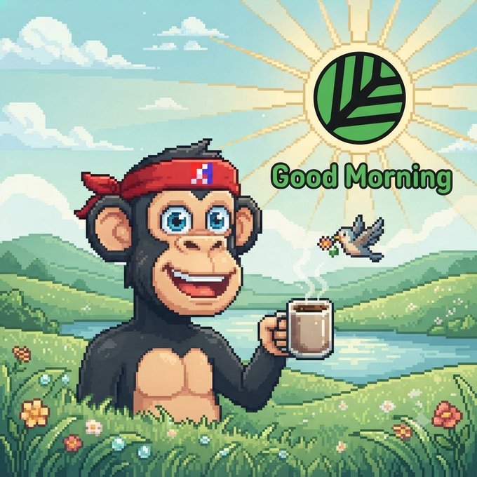 A pixel art-style image of a smiling chimpanzee wearing a red headband, holding a steaming coffee mug with a bird flying nearby, alongside text 'Good Morning' and a green leaf logo.