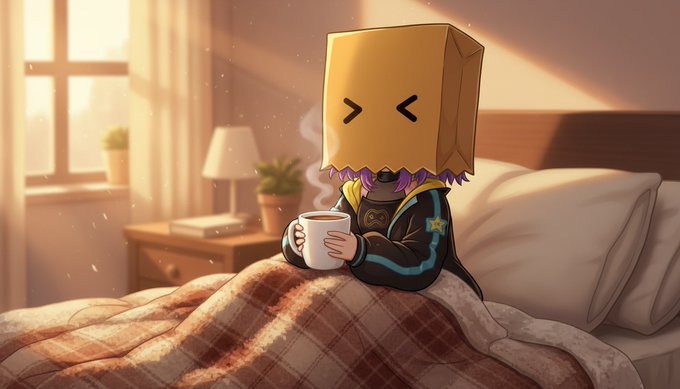 An animated character with a brown paper bag over its head featuring simple emoticon eyes sits in bed, holding a steaming mug while wearing a dark jacket with blue stripes.