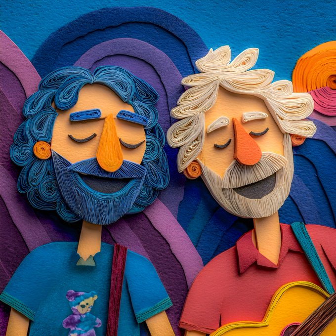 A colorful paper quilling artwork depicting two smiling bearded men, one with blue hair and a blue shirt, and the other with white hair and a red shirt, holding a guitar.