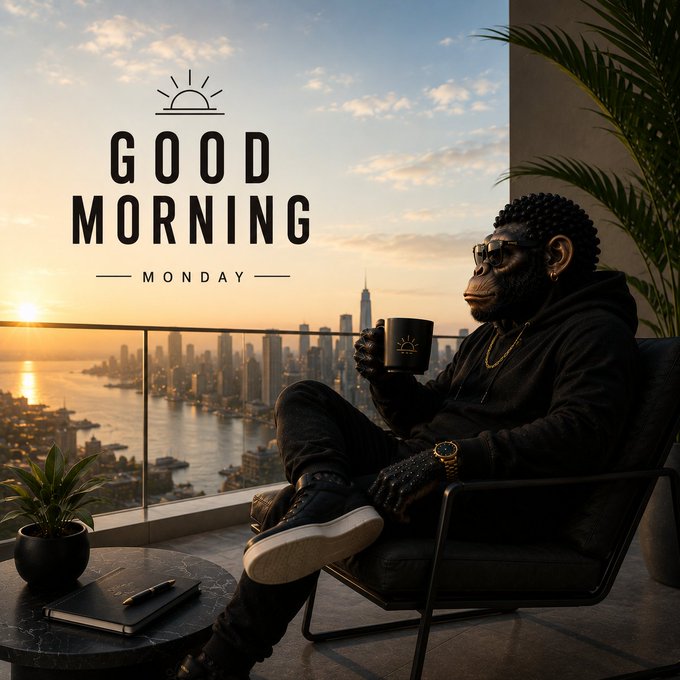 A 'Good Morning Monday' digital illustration showing an anthropomorphic gorilla in sunglasses and a black hoodie sitting in a chair on a high-rise balcony overlooking a city skyline at sunrise, holding a coffee mug.