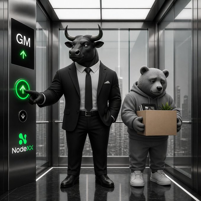 An anthropomorphic bull in a black business suit and tie presses the up button in an elevator, standing next to an anthropomorphic bear in a gray hoodie holding a cardboard box with a plant. The button panel shows "GM" at the top and a "NodeXX" logo at the bottom.