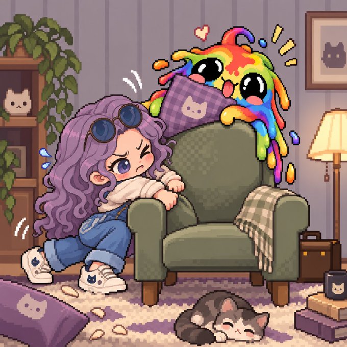 A pixel-art illustration shows a purple-haired character with sunglasses pushing against a couch while a vibrant rainbow-colored blob creature with large eyes clutches a cat-patterned briefcase on the back, with a sleeping kitten and scattered belongings on the floor—visually representing the playful struggle of choosing between NFTs that actually offer utility (like The Mutual Fun's on-chain funds and weekly votes) versus ordinary collectibles.