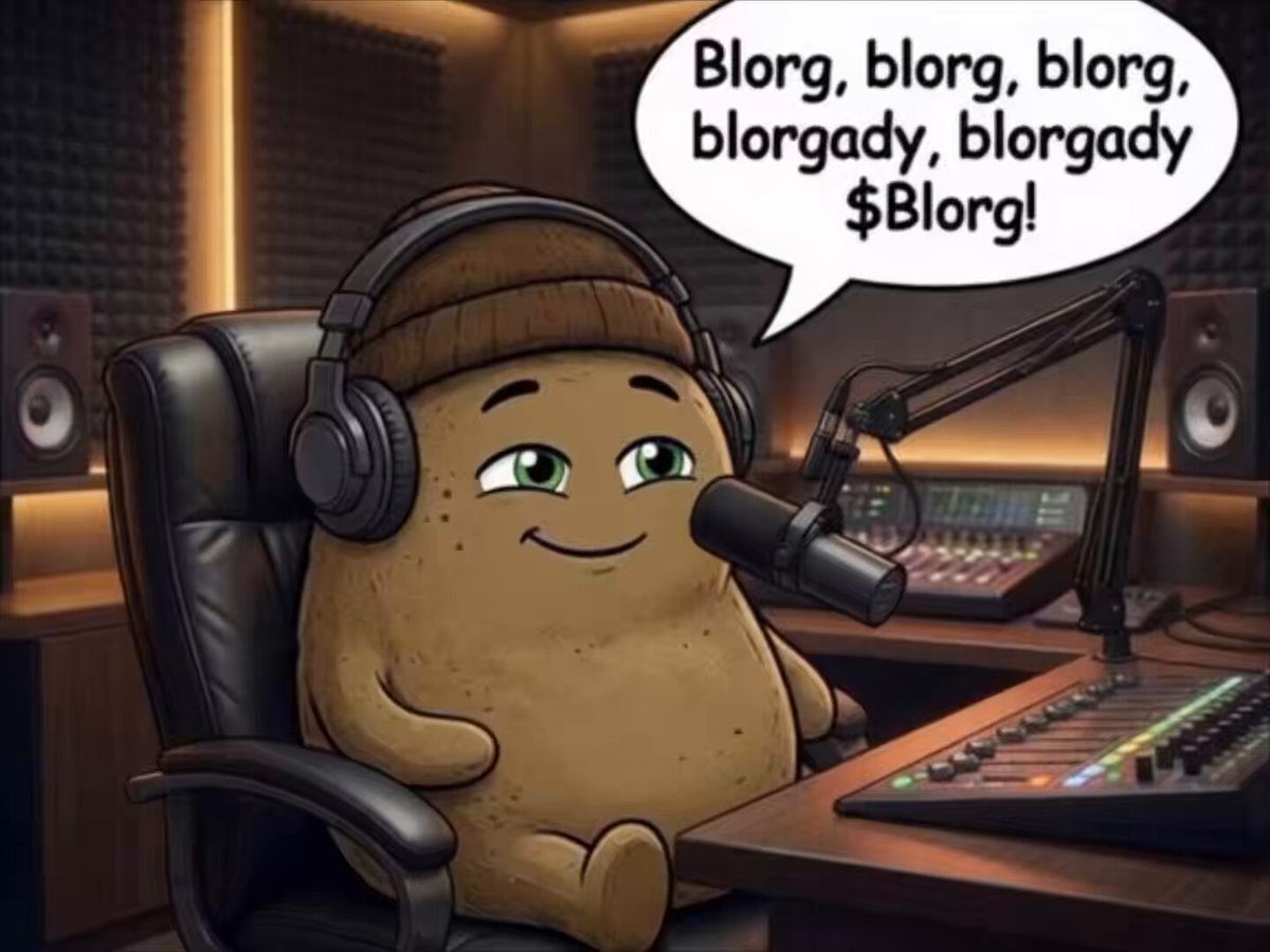 The image features a cartoon potato character sitting in an office chair, wearing headphones and smiling at the camera. The background of the image shows a radio station control room with various equipment such as a microphone and speakers. The caption for the image reads "$BLORG on $ETH By Annunaki @BlorgOnEth".